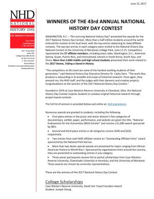 WINNERS of the 43Rd ANNUAL NATIONAL HISTORY DAY CONTEST