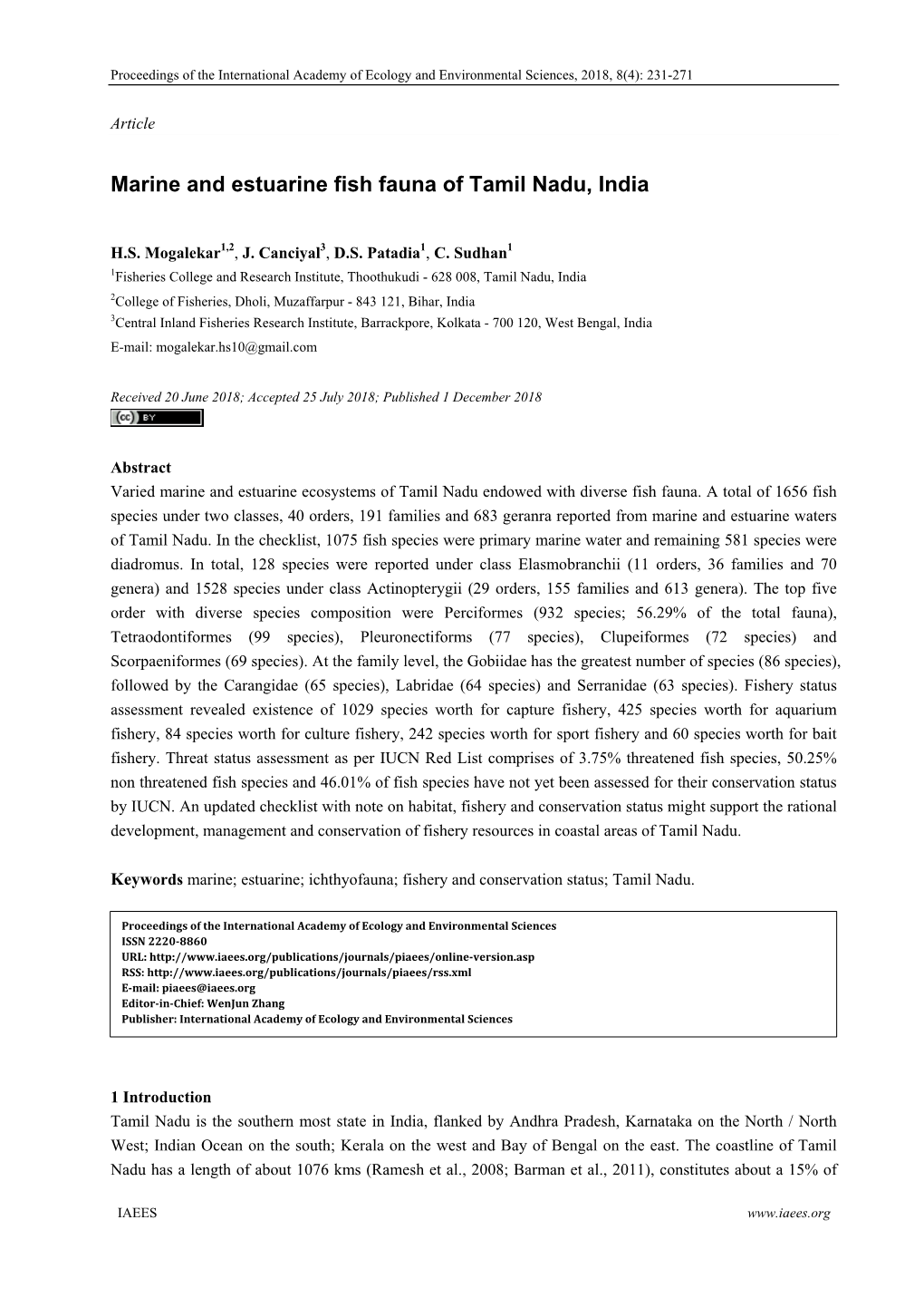 Marine and Estuarine Fish Fauna of Tamil Nadu, India