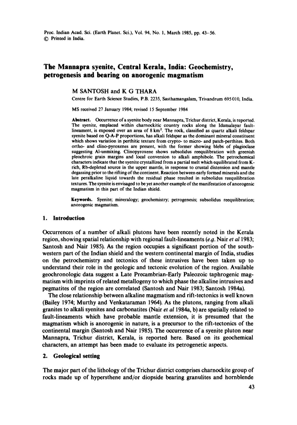 The Mannapra Syenite, Central Kerala, India: Geochemistry, Petrogenesis and Bearing on Anorogenic Magmatism