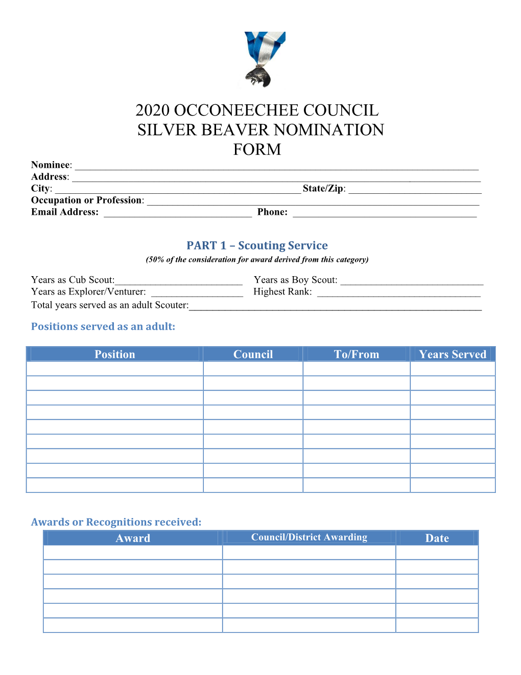 2020 Occoneechee Council Silver Beaver Nomination