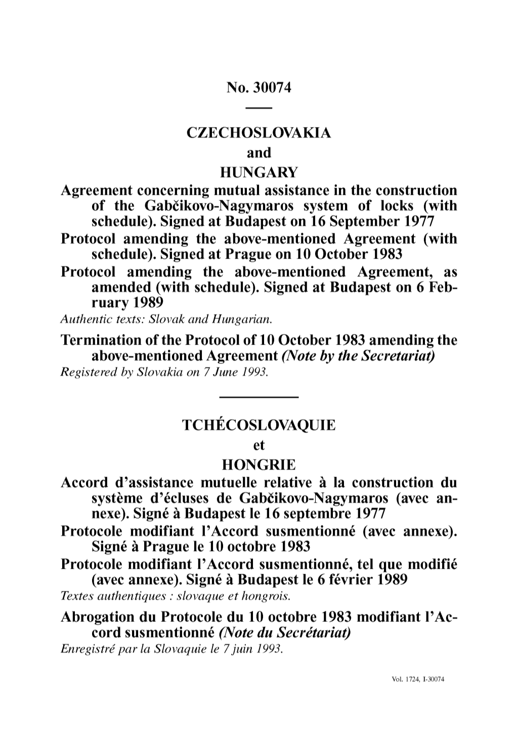 No. 30074 CZECHOSLOVAKIA and HUNGARY Agreement Concerning