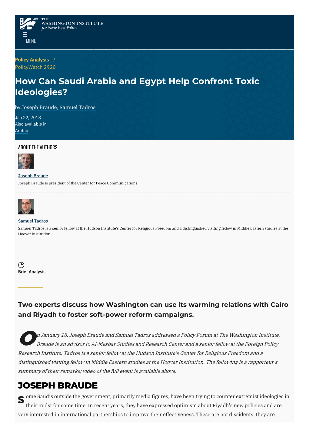 How Can Saudi Arabia and Egypt Help Confront Toxic Ideologies? by Joseph Braude, Samuel Tadros