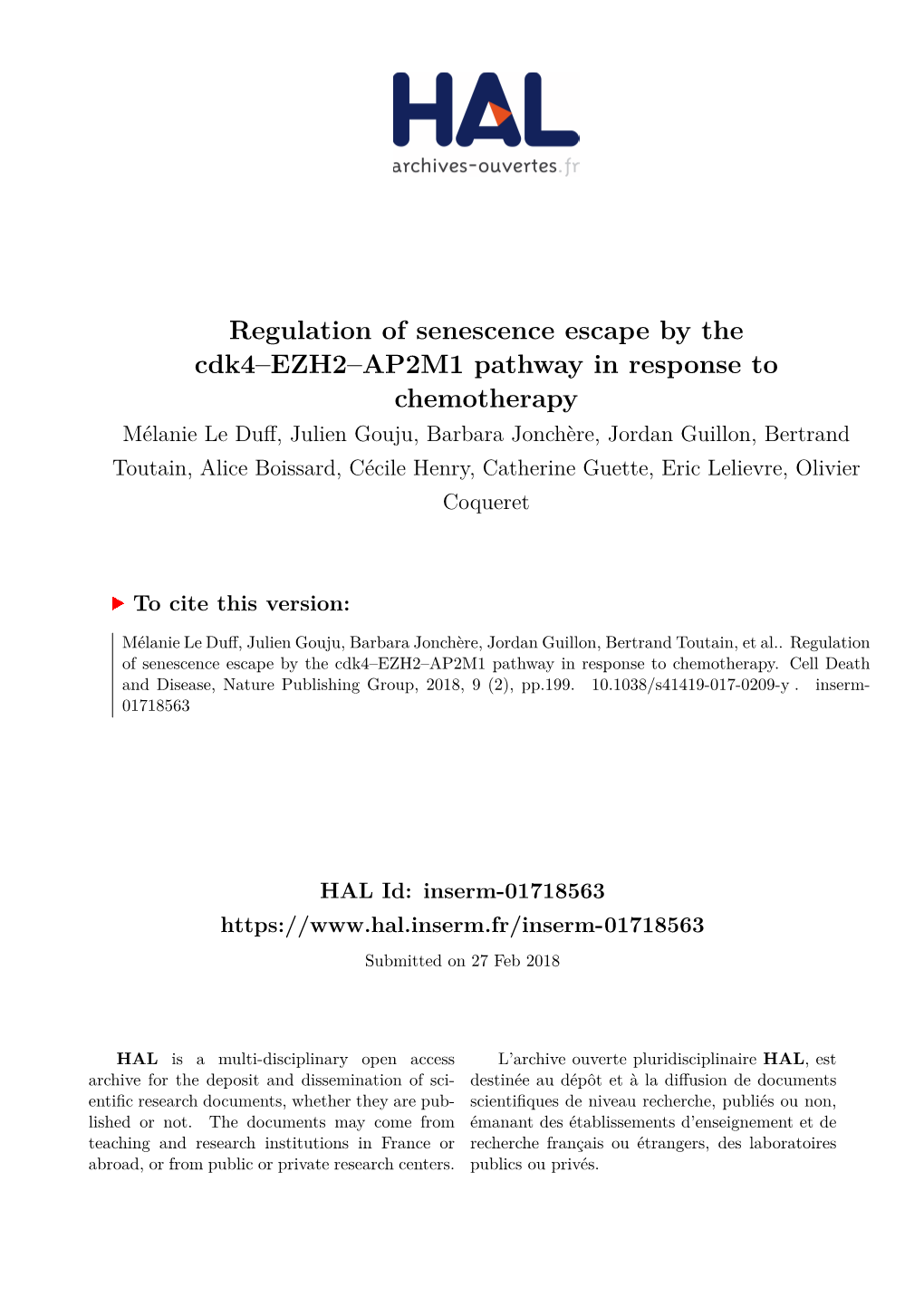 Regulation of Senescence Escape by the Cdk4–EZH2–AP2M1 Pathway In