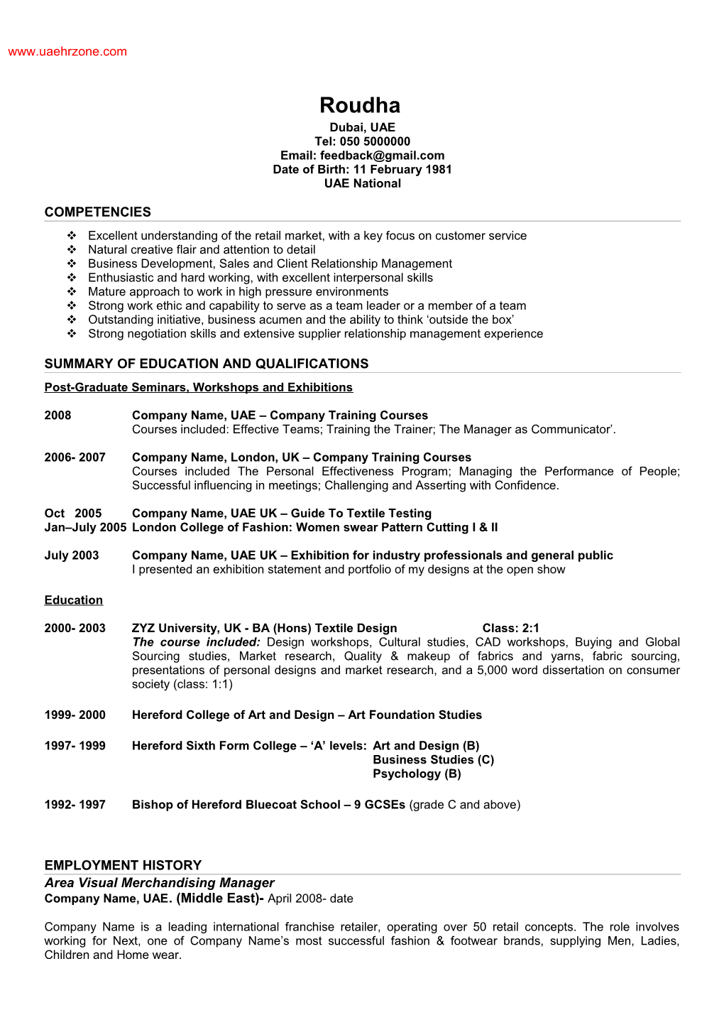 Sample CV- Retail Sales Executive/Junier Retail Professional