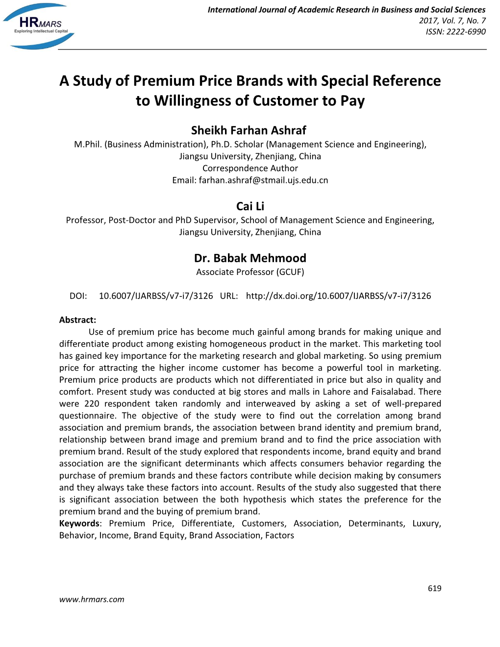 A Study of Premium Price Brands with Special Reference to Willingness of Customer to Pay