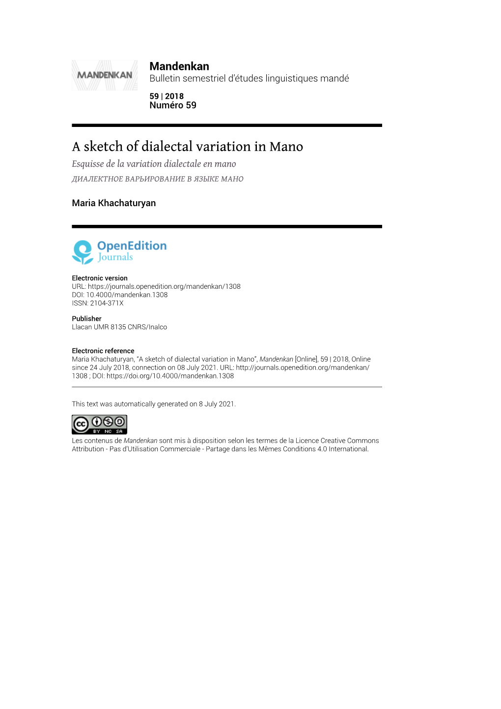 Mandenkan, 59 | 2018 a Sketch of Dialectal Variation in Mano 2