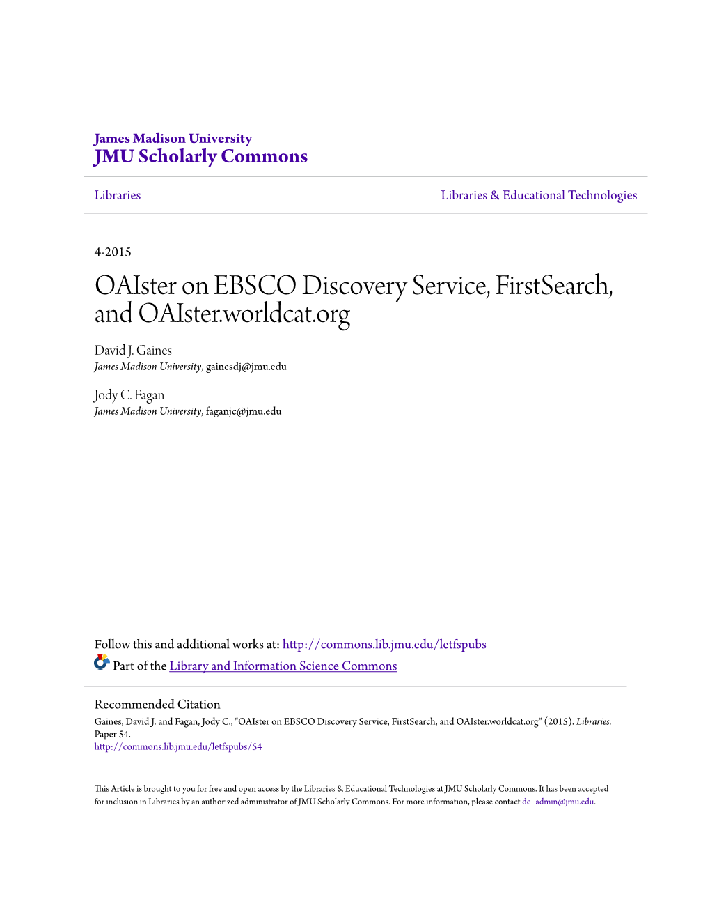Oaister on EBSCO Discovery Service, Firstsearch, and Oaister.Worldcat.Org David J