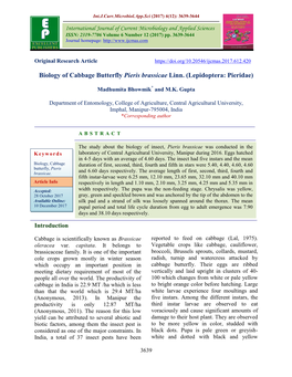 Biology of Cabbage Butterfly Pieris Brassicae Linn. (Lepidoptera: Pieridae)