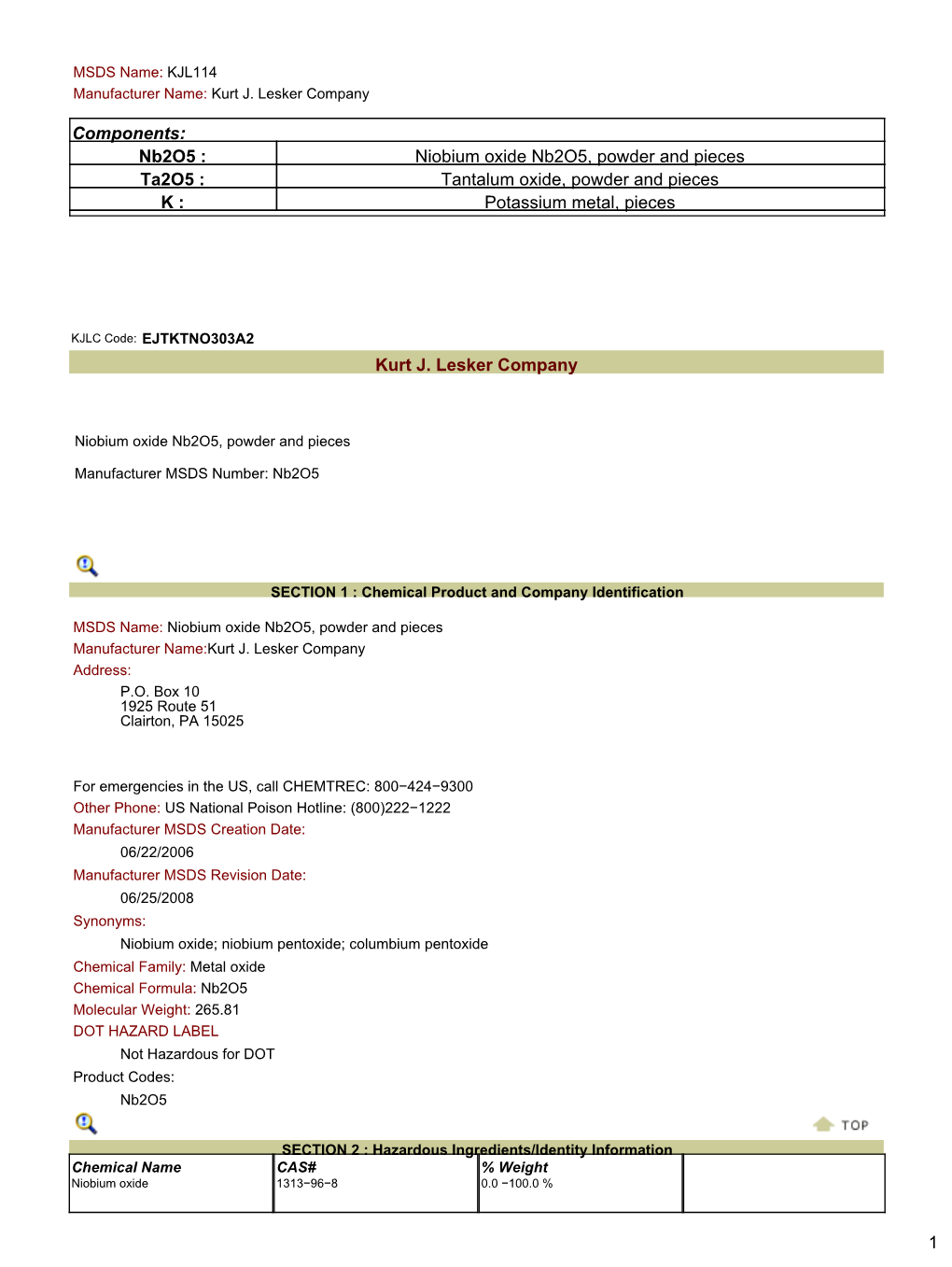 Components: Nb2o5 : Niobium Oxide Nb2o5, Powder and Pieces Ta2o5 : Tantalum Oxide, Powder and Pieces K : Potassium Metal, Pieces