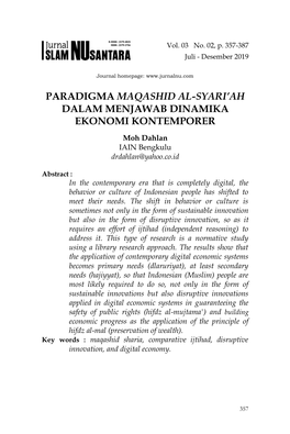 Paradigma Maqashid Al-Syari'ah Dalam Menjawab