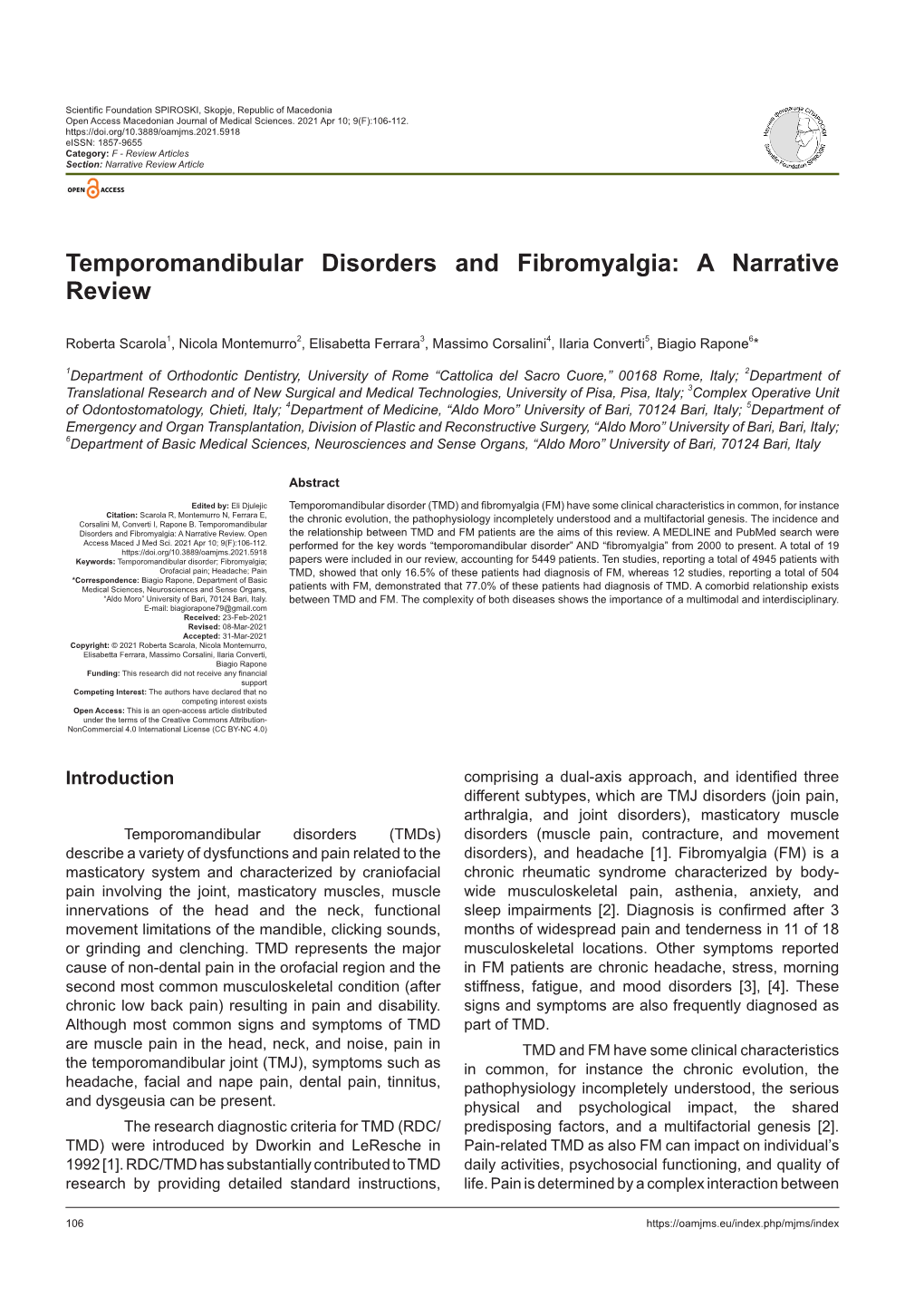 Temporomandibular Disorders and Fibromyalgia: a Narrative Review