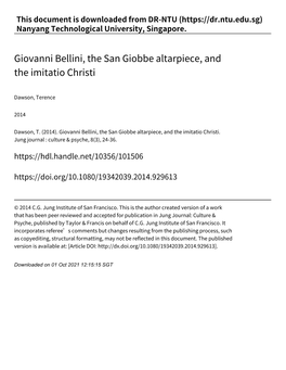 Giovanni Bellini, the San Giobbe Altarpiece, and the Imitatio Christi