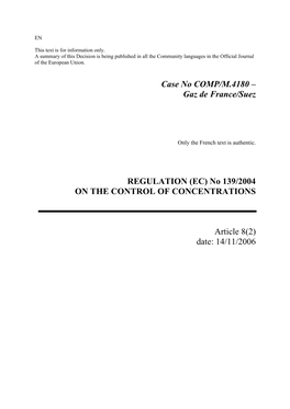Case No COMP/M.4180 – Gaz De France/Suez REGULATION (EC)