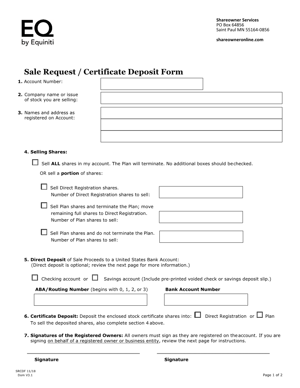 Sale Request / Certificate Deposit Form 1