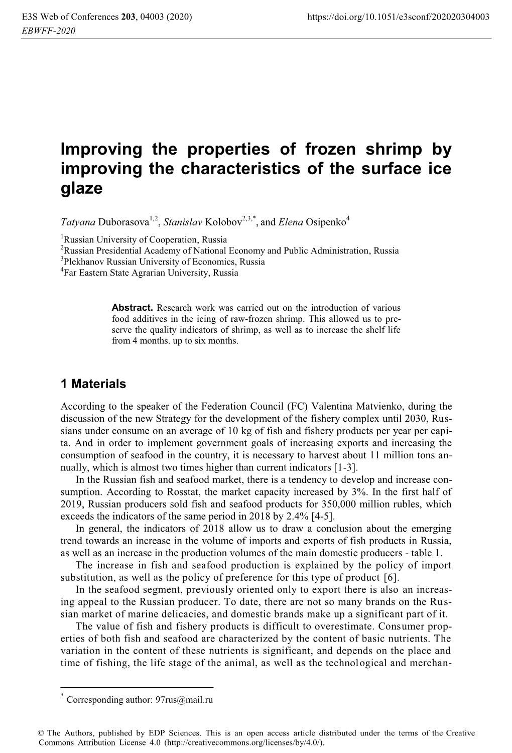 Improving the Properties of Frozen Shrimp by Improving the Characteristics of the Surface Ice Glaze