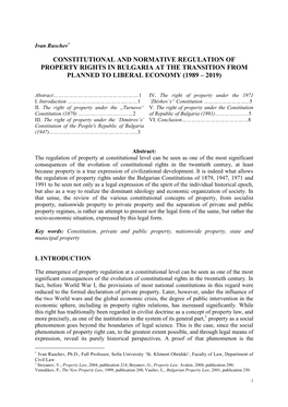 Constitutional and Normative Regulation of Property Rights in Bulgaria at the Transition from Planned to Liberal Economy (1989 – 2019)