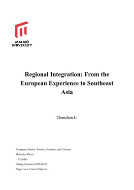 Regional Integration: from the European Experience to Southeast Asia