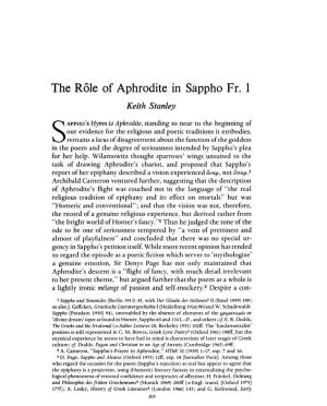 The Role of Aphrodite in Sappho Fr. 1 Keith Stanley