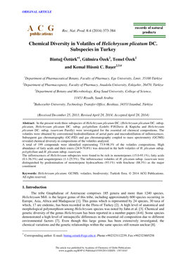 Chemical Diversity in Volatiles of Helichrysum Plicatum DC. Subspecies in Turkey