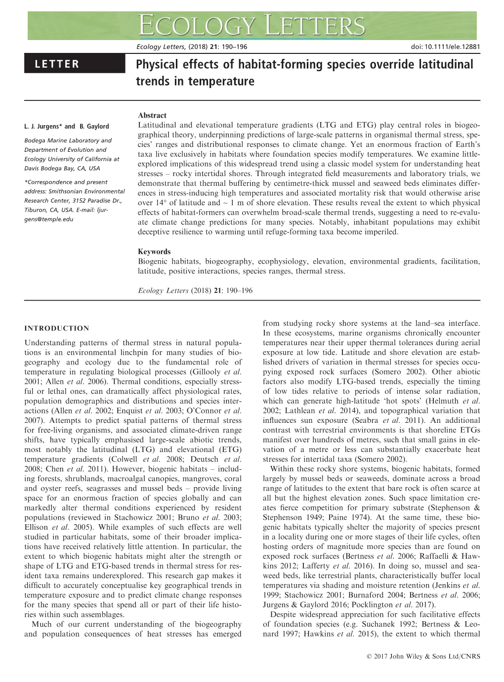 Physical Effects of Habitat‐Forming Species Override Latitudinal Trends in Temperature