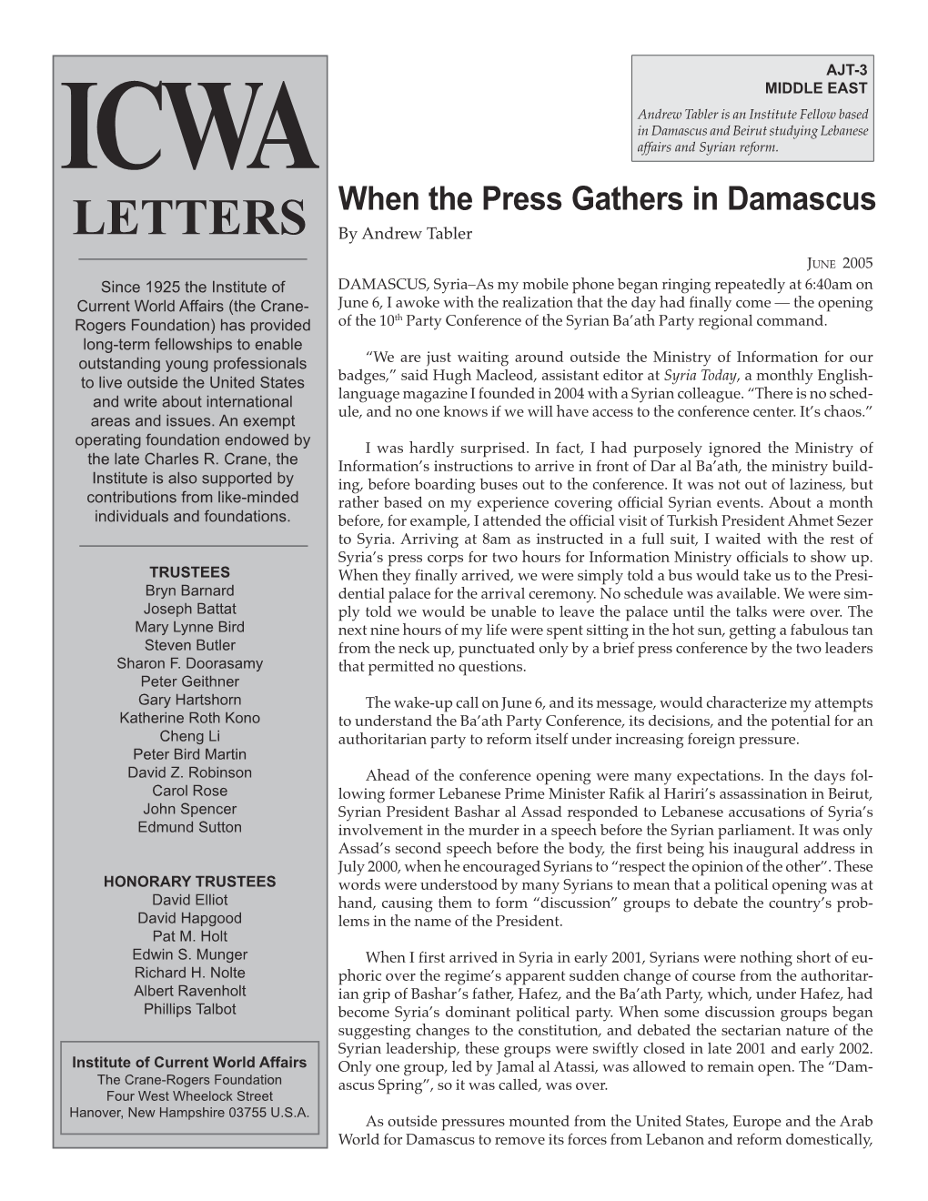 When the Press Gathers in Damascus LETTERS by Andrew Tabler
