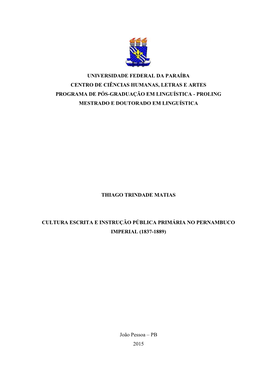 Universidade Federal Da Paraíba Centro De Ciências Humanas, Letras E Artes Programa De Pós-Graduação Em Linguística - Proling Mestrado E Doutorado Em Linguística