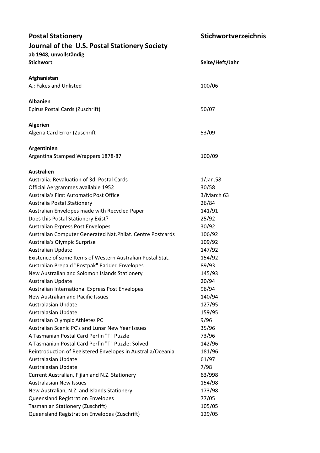 Postal Stationery Stichwortverzeichnis Journal of the U.S. Postal Stationery Society Ab 1948, Unvollständig Stichwort Seite/Heft/Jahr