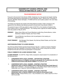 Anaheim City Council Special and Regular Meeting of June 4, 2019