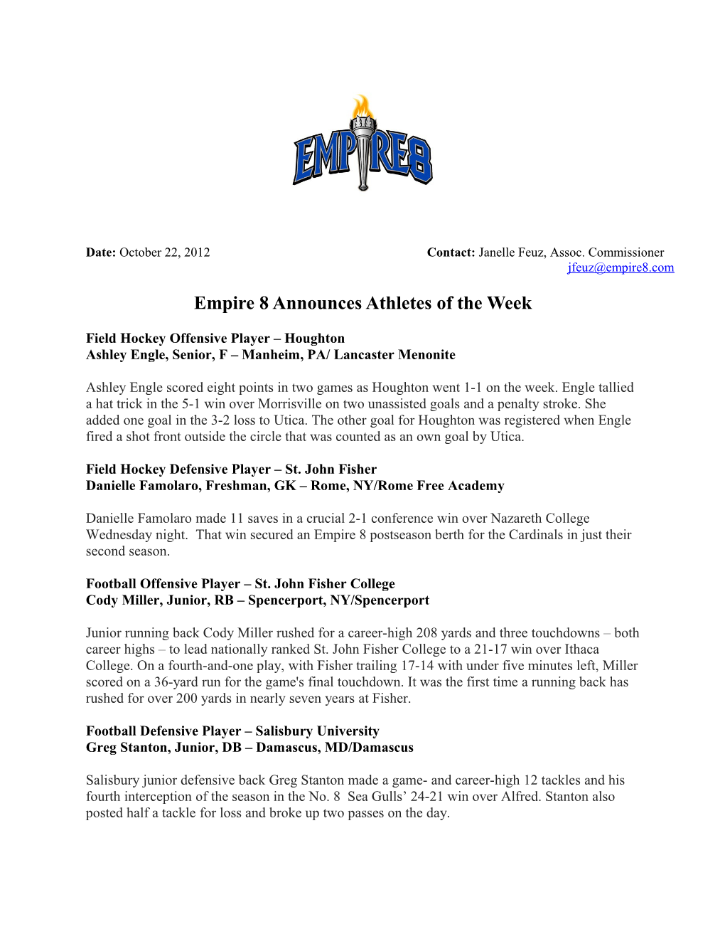 Empire 8 Announces Athletes of the Week