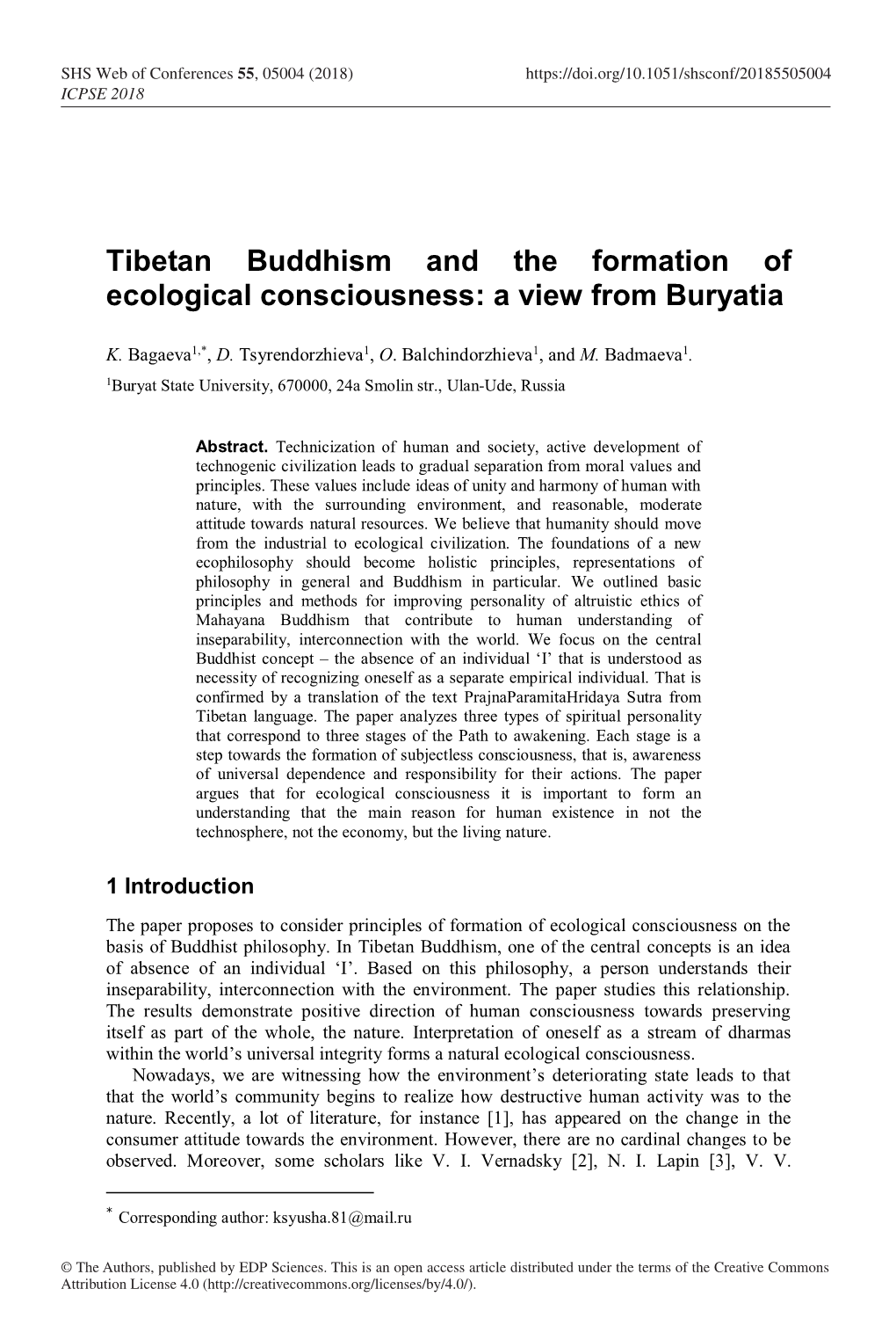 Tibetan Buddhism and the Formation of Ecological Consciousness: a View from Buryatia