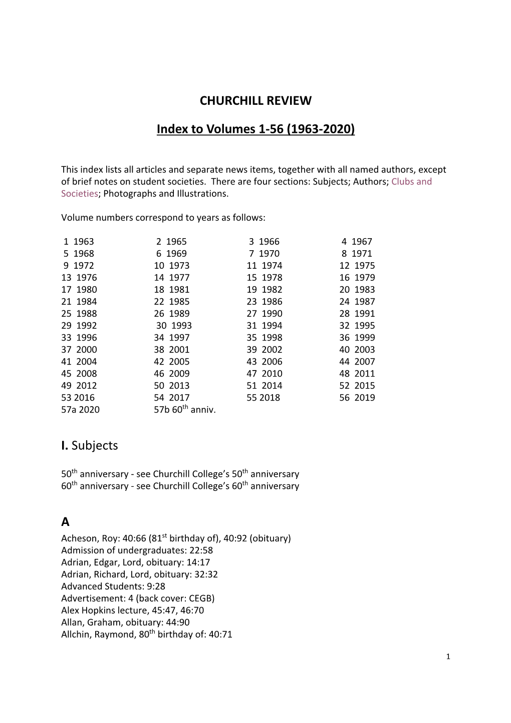 CHURCHILL REVIEW Index to Volumes 1-56