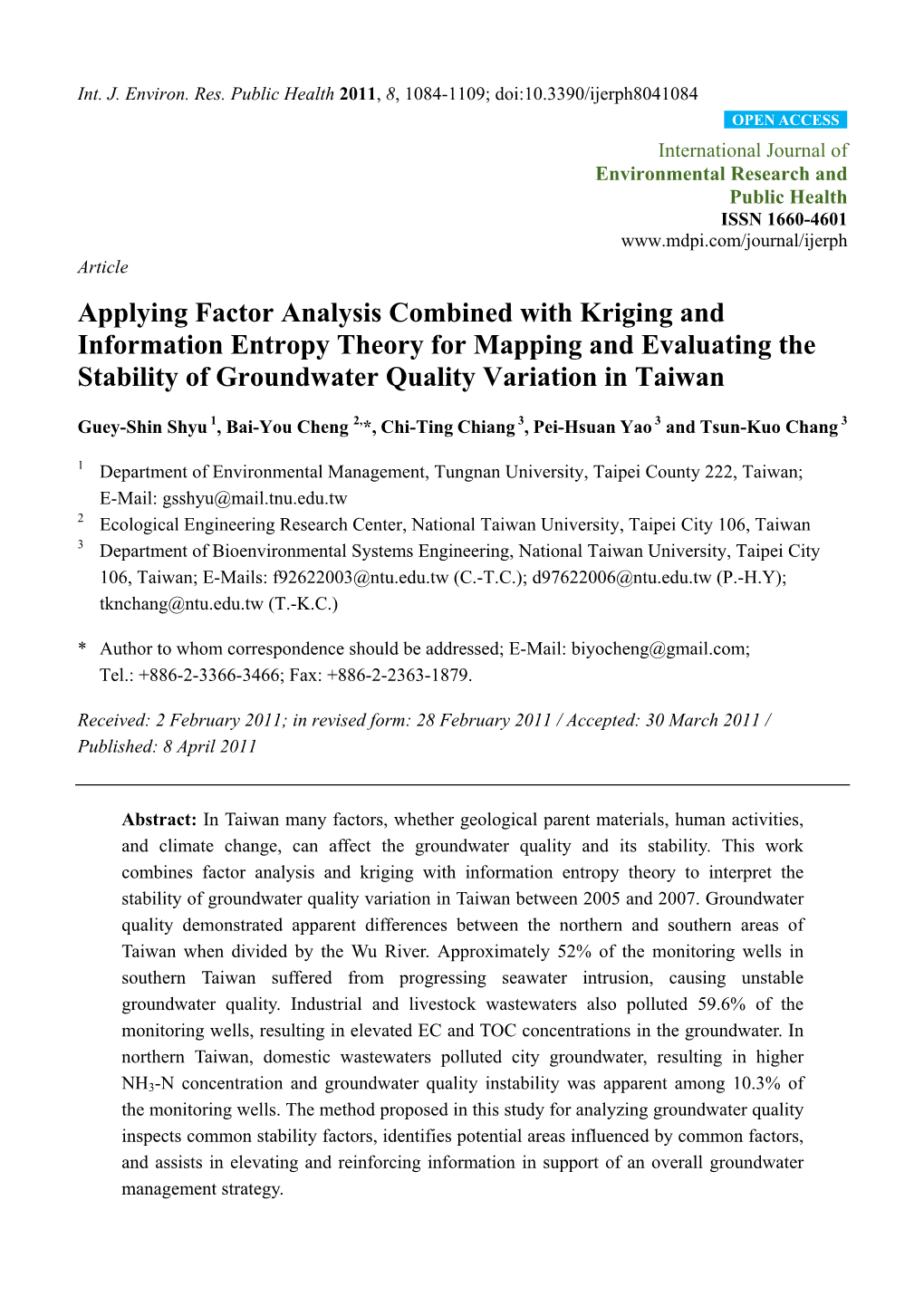 Applying Factor Analysis Combined with Kriging and Information Entropy Theory for Mapping and Evaluating the Stability of Groundwater Quality Variation in Taiwan