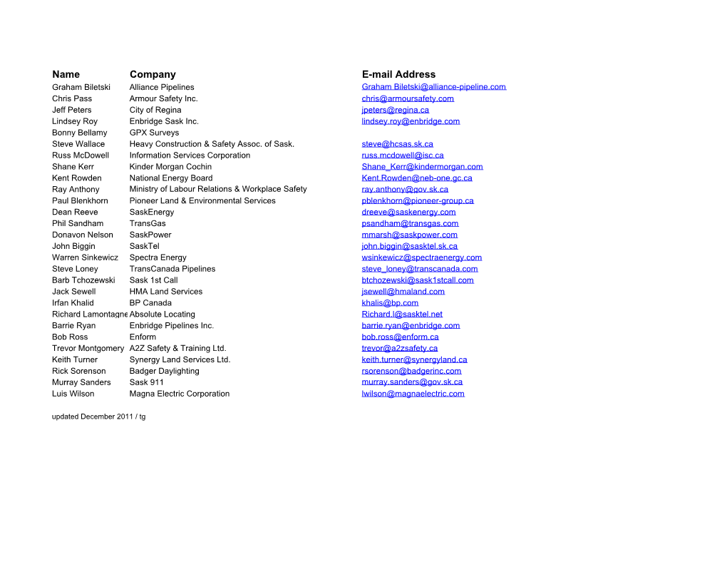 Name Company E-Mail Address Graham Biletski Alliance Pipelines Graham Biletski@Alliance-Pipeline.Com Chris Pass Armour Safety Inc