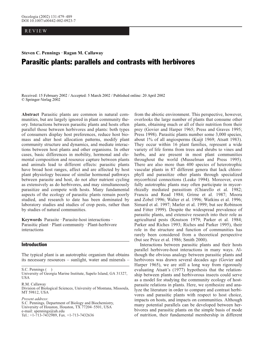 Parasitic Plants: Parallels and Contrasts with Herbivores