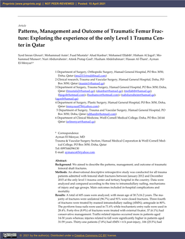 Patterns, Management and Outcome of Traumatic Femur Frac- Ture: Exploring the Experience of the Only Level 1 Trauma Cen- Ter in Qatar