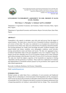 LIVELIHOOD VULNERABILITY ASSESSMENT to SOIL EROSION in KANO STATE, NIGERIA M.K.Yahaya,1 A. Mustapha,2 A. Suleiman2 and M.A.Abdul
