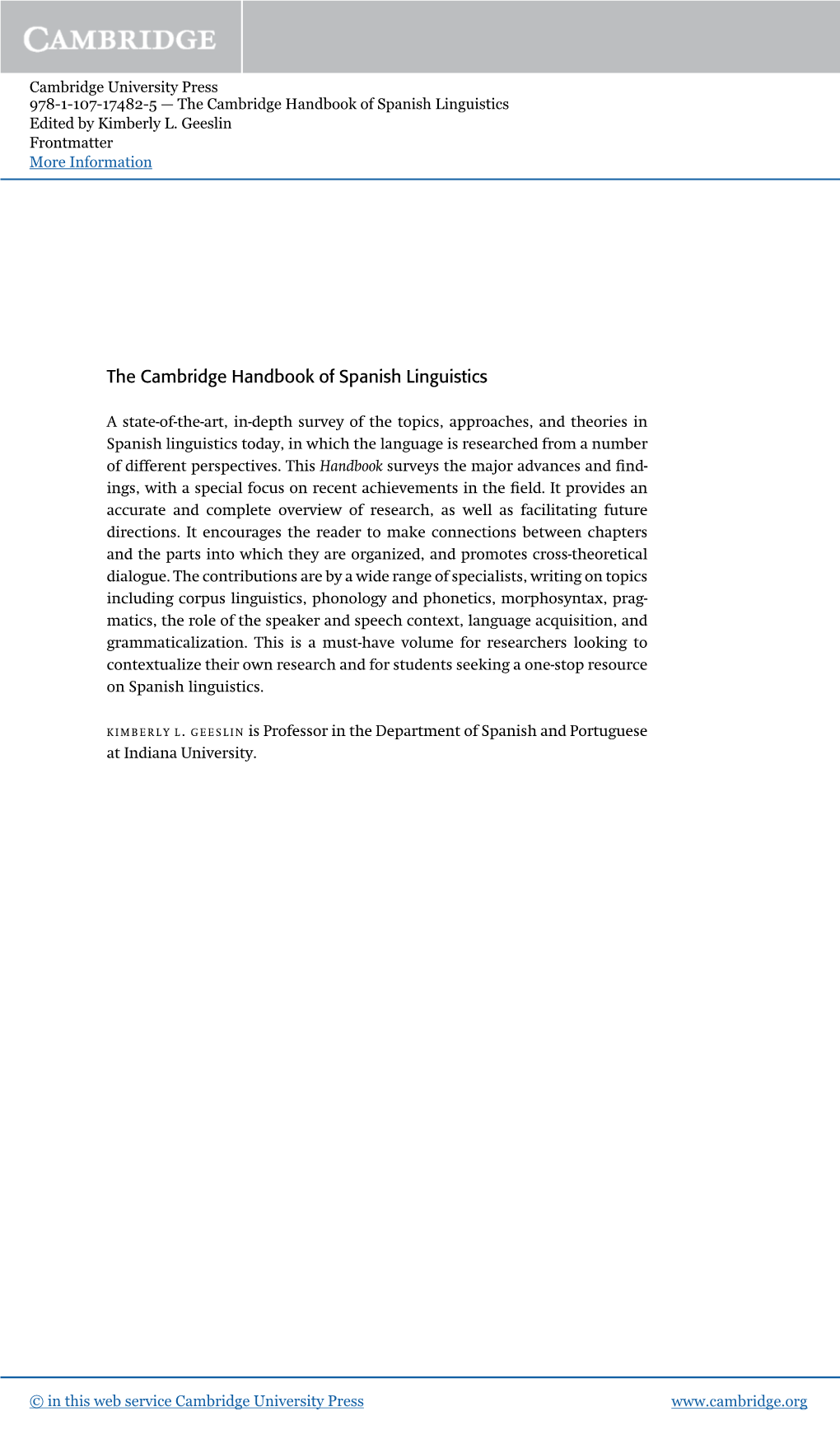 The Cambridge Handbook of Spanish Linguistics Edited by Kimberly L