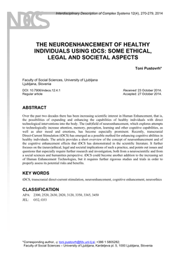 THE NEUROENHANCEMENT of HEALTHY INDIVIDUALS USING Tdcs: SOME ETHICAL, LEGAL and SOCIETAL ASPECTS