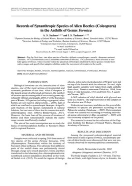 Records of Synanthropic Species of Alien Beetles (Coleoptera) in the Anthills of Genus Formica A