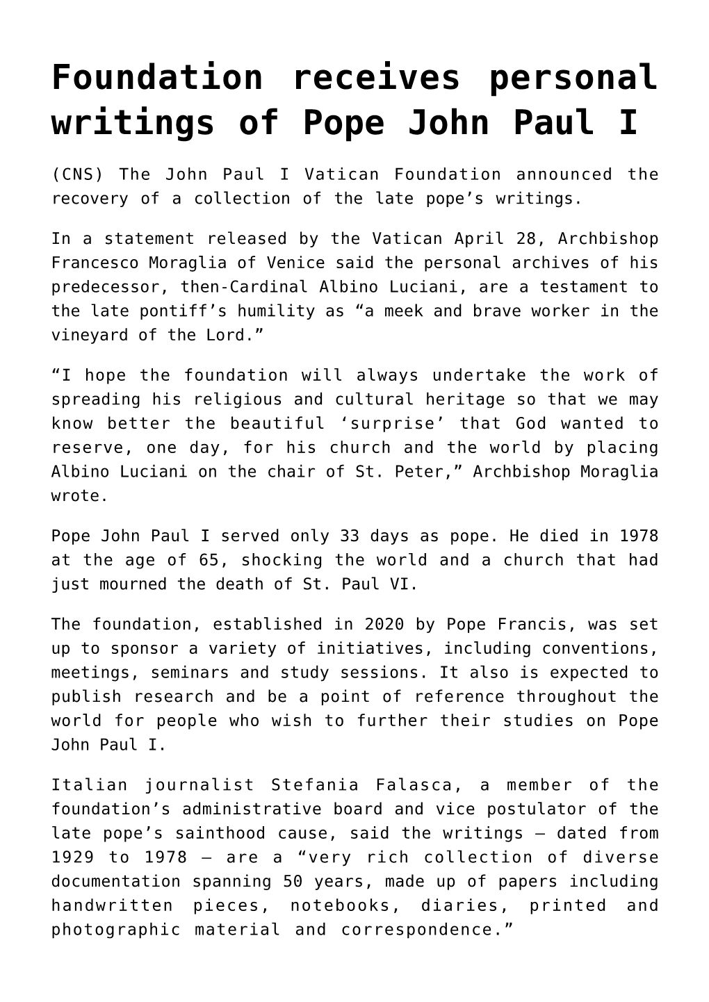 Foundation Receives Personal Writings of Pope John Paul I