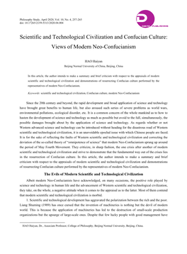 Scientific and Technological Civilization and Confucian Culture: Views of Modern Neo-Confucianism