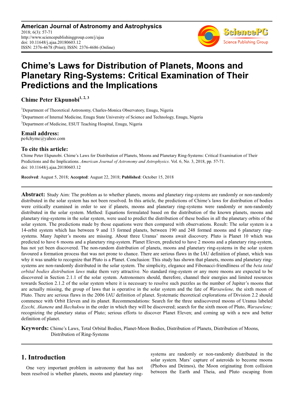 Chime's Laws for Distribution of Planets, Moons and Planetary Ring