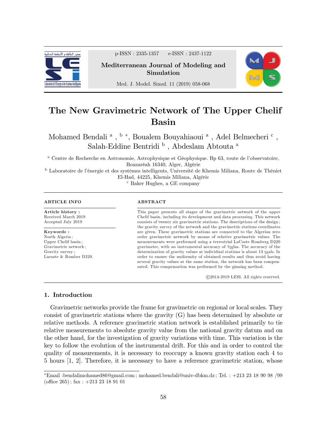 The New Gravimetric Network of the Upper Chelif Basin