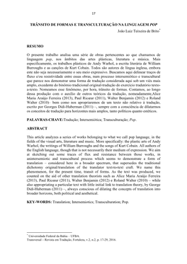 TRÂNSITO DE FORMAS E TRANSCULTURAÇÃO NA LINGUAGEM POP João Luiz Teixeira De Brito*