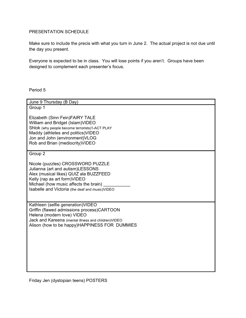 Presentation Schedule s1