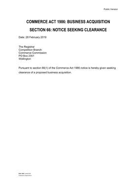 Business Acquisition Section 66: Notice Seeking Clearance
