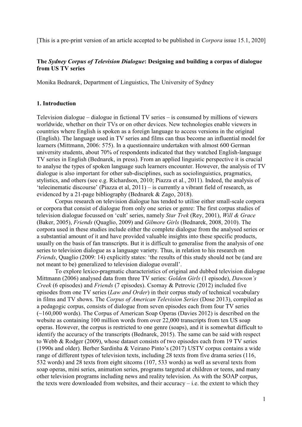 The Sydney Corpus of Television Dialogue: Designing and Building a Corpus of Dialogue from US TV Series