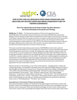 New Natpe and Cea Research Finds Show Producers and Creators See Second Screen Becoming Permanent Part of Viewing Experience
