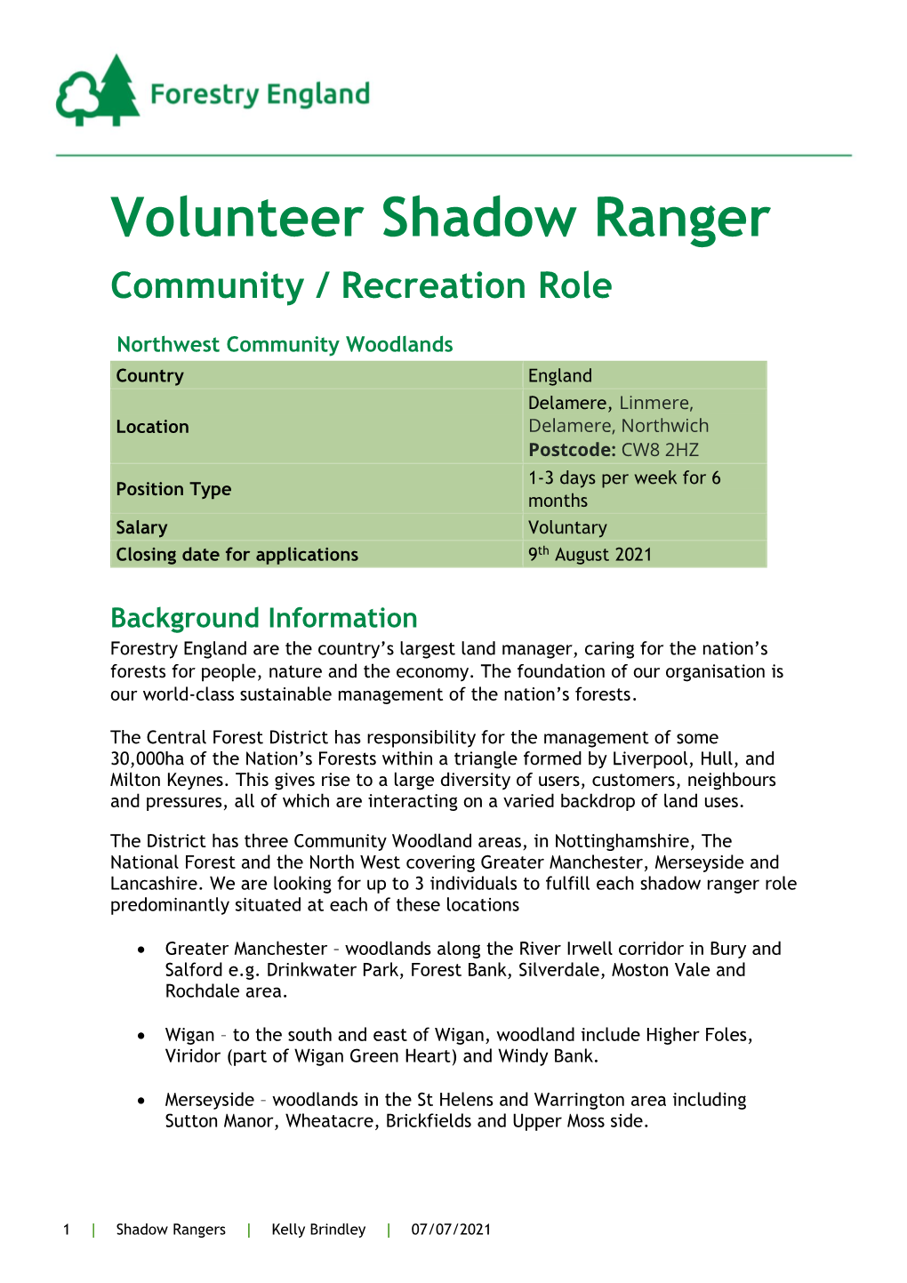 Volunteer Shadow Ranger Community / Recreation Role