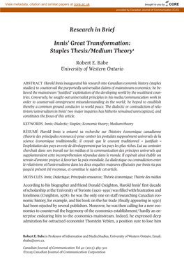 Innis' Great Transformationl Staples Thesis/Medium Theory